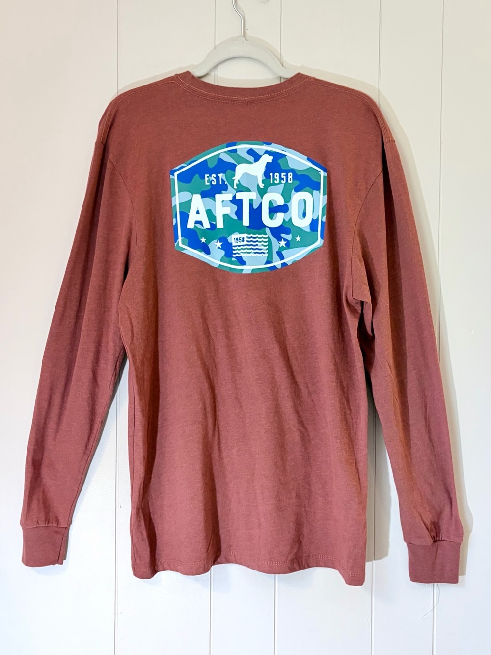 NWT AFTCO Rust Long Sleeve Tee Blue Camo Back Logo Dog Lovers Fishing Unisex M